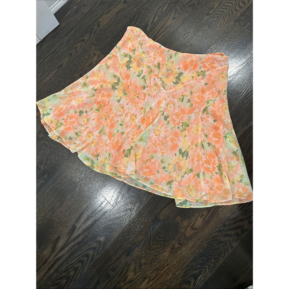 Chaps Peach Floral Chiffon Flare Skirt Spring Summer XL